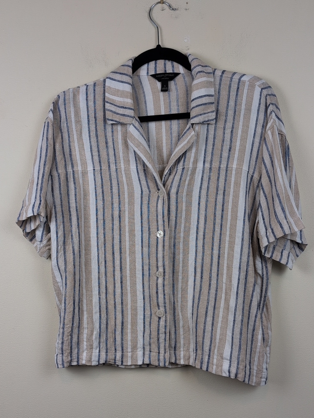 Banana Republic Linen Blend Camp Shirt Ivory Multi Stripe Relaxed Boxy Top